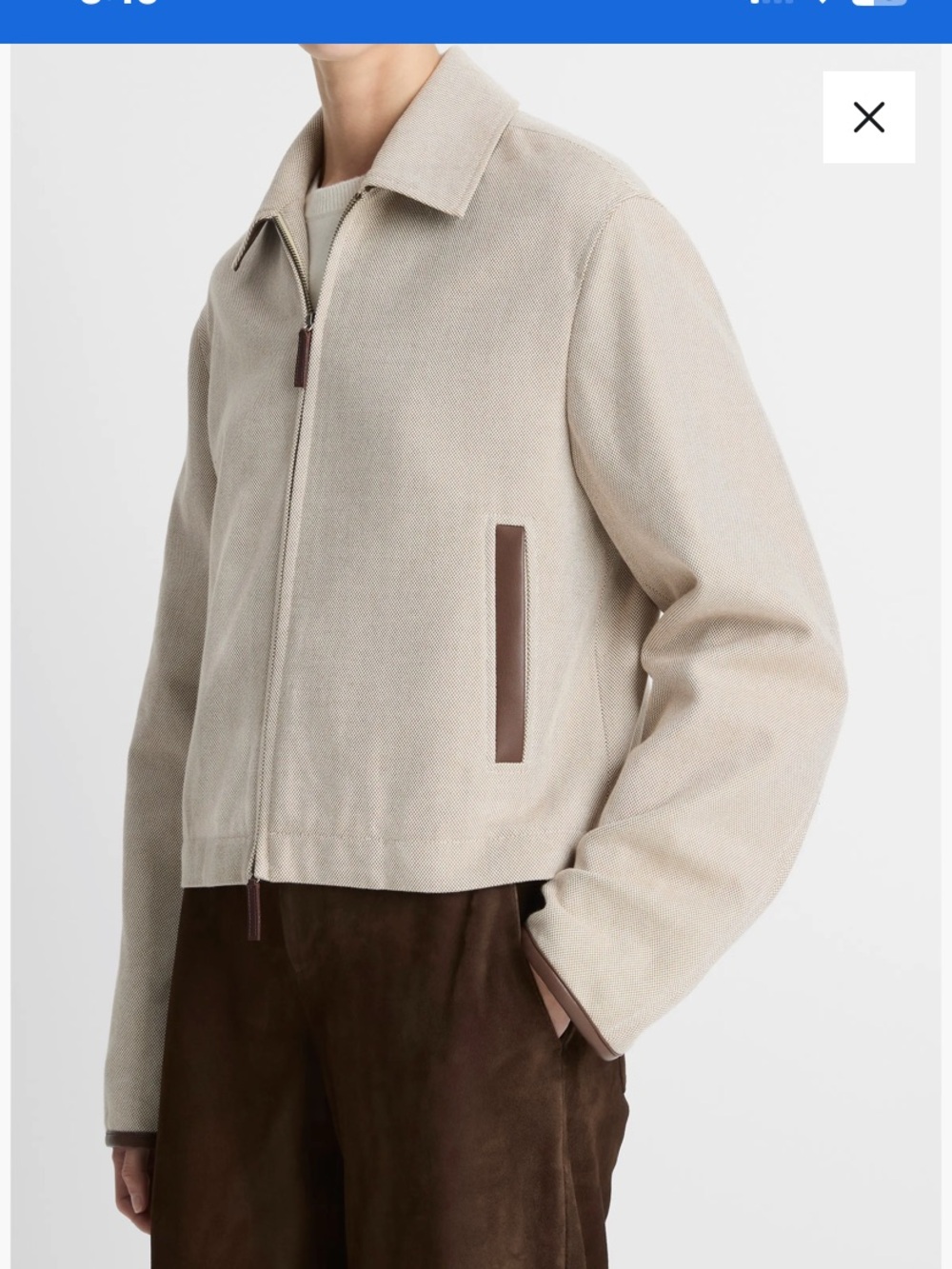 Woman’s Vince  Beige Wool Blend Zip Jacket w leather details at pocket & collar